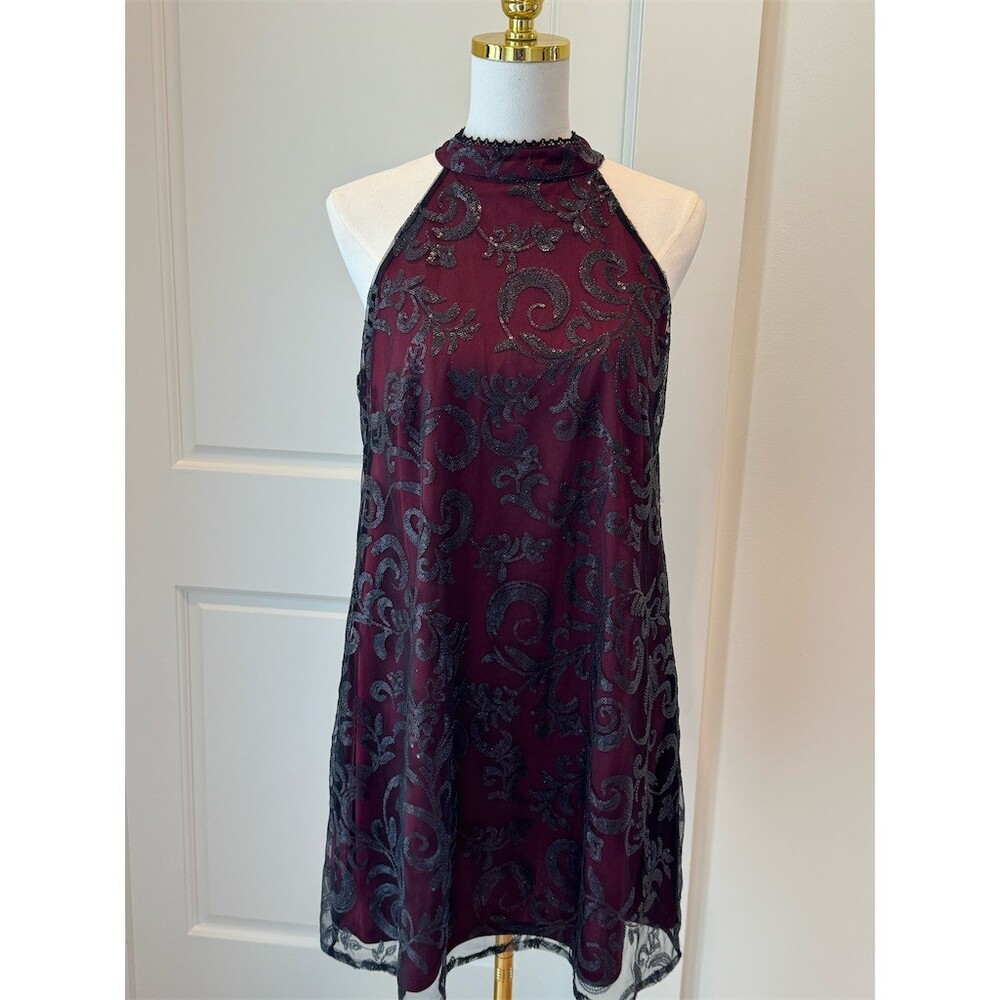 Altar'd State Dress Womens Size M Burgundy Halter High Neck Glitter Mesh Holiday